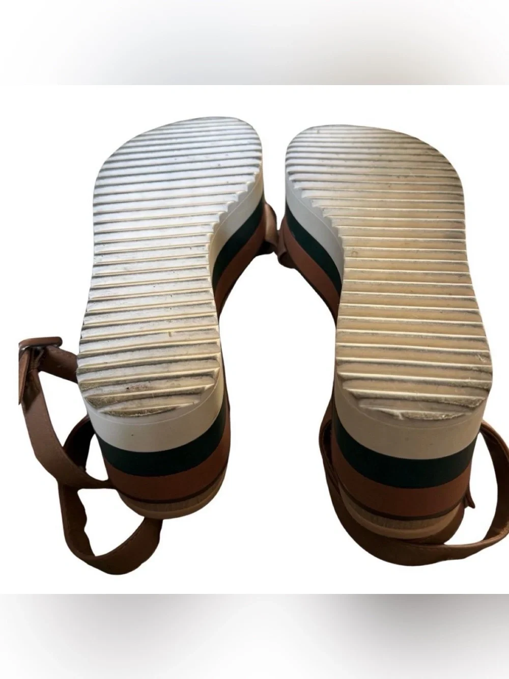 Steve Madden Brown platform sandals with hunter green and white striped sole - Picture 3 of 3